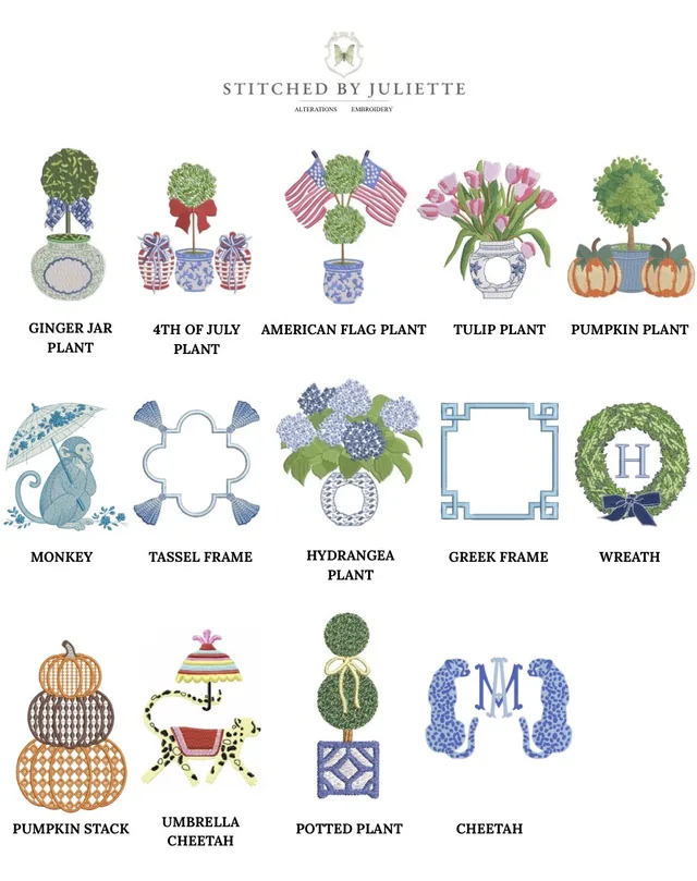 Embroidery designs available from Stitched by Juliette