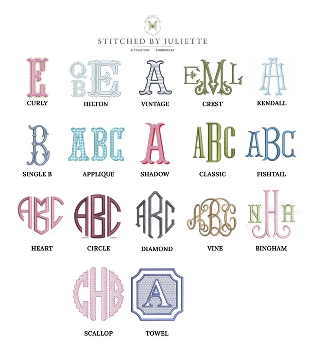 Monogram font styles available from Stitched by Juliette